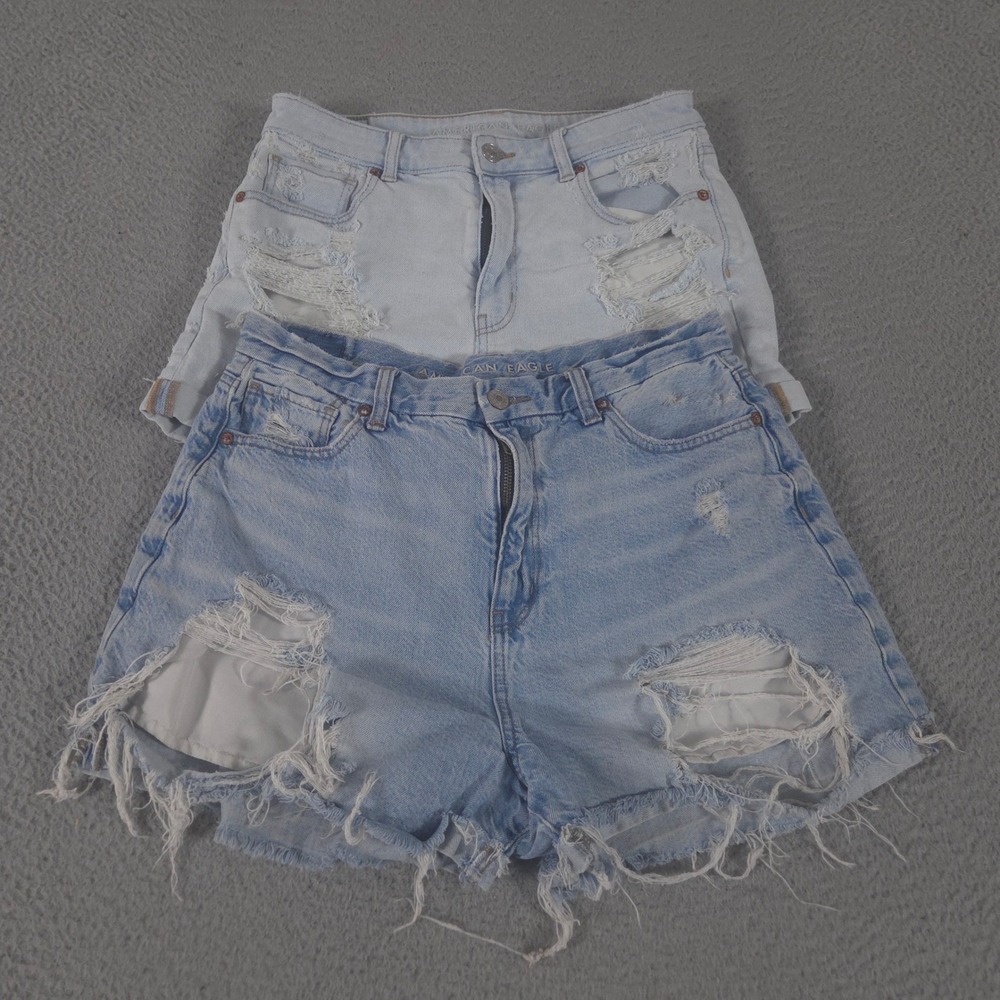 LOT OF 2 American Eagle Shorts Womens 10 Blue Curvy Mom Distressed Denim Frayed